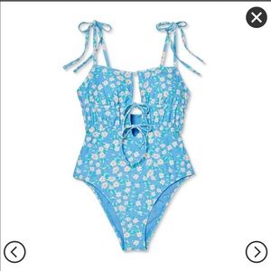 Cinch Front Blue white floral one piece swimsuit S